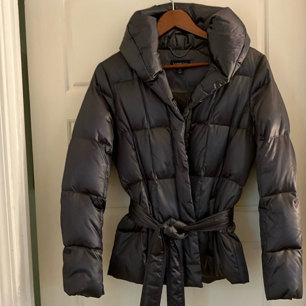 Lands' End Women's Black Puffer Jacket with Belt